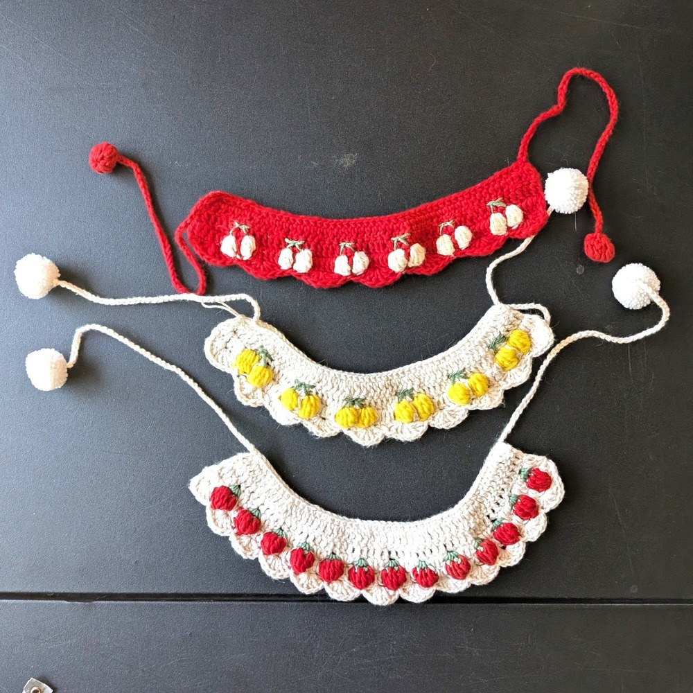 Hand Crocheted Fruit Collar Set Cherry Lemon Strawberry Costume Pet Doll 3 Pc